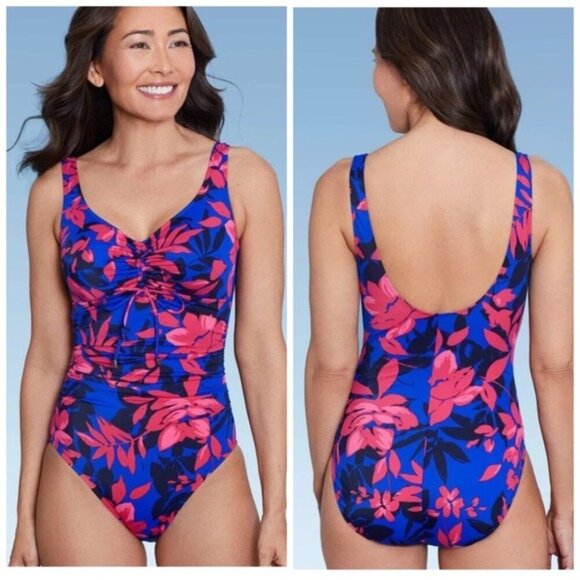 Aqua Green Blue and Pink One Piece Swimsuit V-Neck Ruching Size Large - Picture 15 of 15